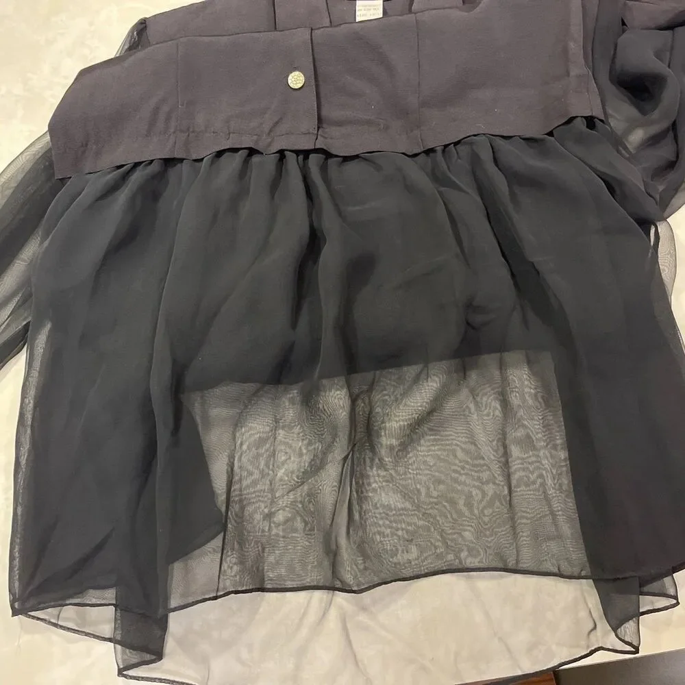 Vtg Maxi Black Shirt Dress Button Front Sheer Sleeves & Ruffle Goth Whimsygoth